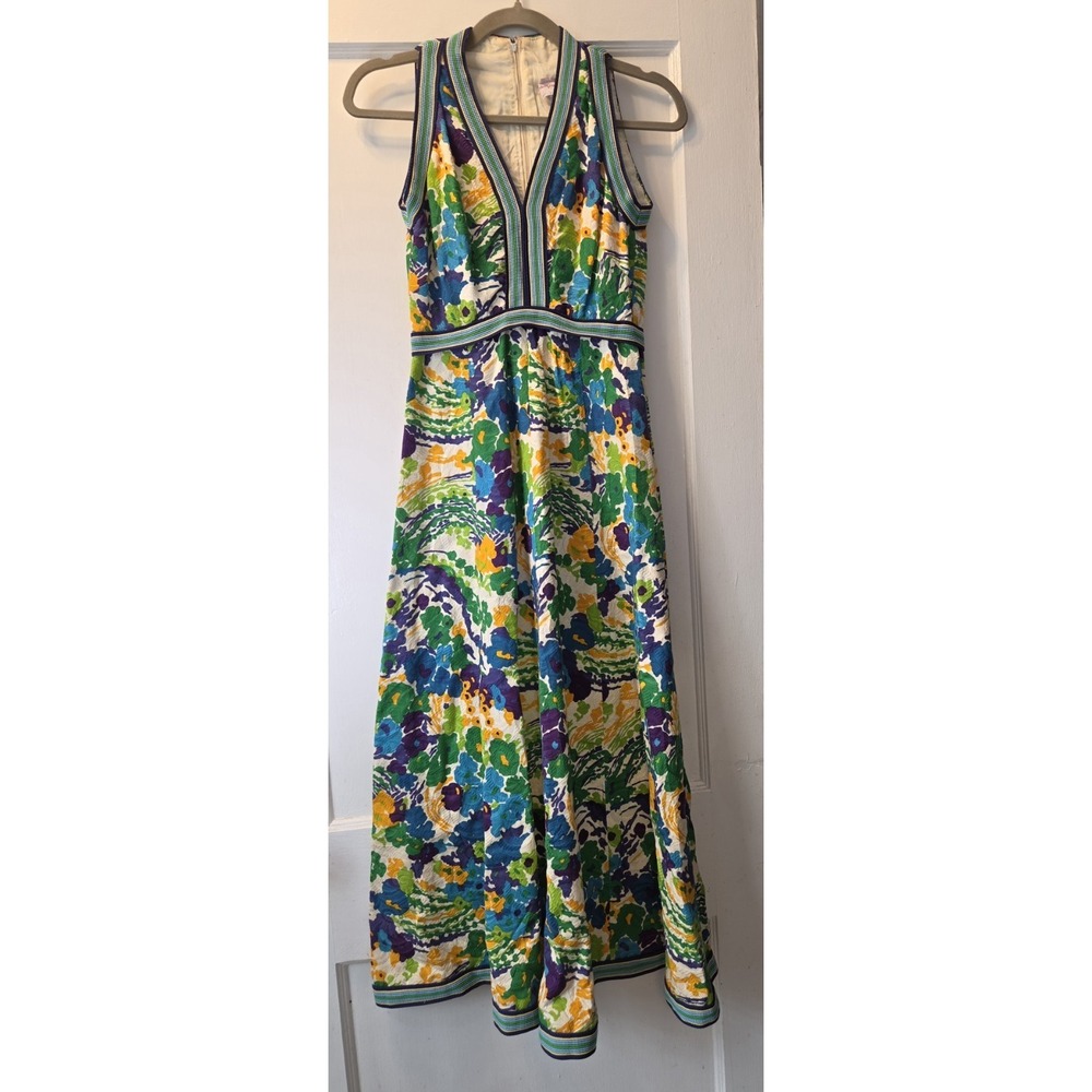 Vintage 1970's Futura Couture Floral Halter Maxi Dress. Ribbon Trim